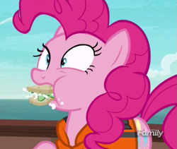 Size: 535x451 | Tagged: safe, screencap, pinkie pie, earth pony, pony, ppov, cucumber sandwiches, discovery family logo, solo