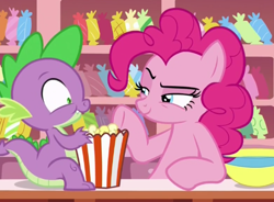 Size: 520x383 | Tagged: safe, screencap, pinkie pie, spike, dragon, earth pony, pony, ppov, female, male, mare