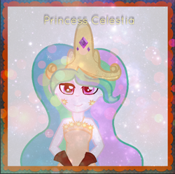 Size: 772x770 | Tagged: safe, artist:micicapaints, princess celestia, alicorn, pony, alternate style, female, horn, mare, multicolored mane, solo, text, white coat