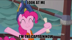 Size: 889x500 | Tagged: safe, edit, edited screencap, screencap, pinkie pie, earth pony, pony, ppov, captain phillips, captain pinkie, discovery family logo, image macro, meme, solo