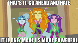 Size: 500x275 | Tagged: safe, edit, edited screencap, screencap, adagio dazzle, aria blaze, sonata dusk, equestria girls, rainbow rocks, eyes closed, image macro, meme, smiling, the dazzlings