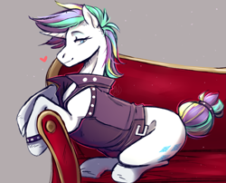 Size: 2323x1878 | Tagged: safe, artist:1an1, rarity, pony, unicorn, it isn't the mane thing about you, alternate hairstyle, female, gray background, lidded eyes, looking at you, punk, raripunk, simple background, sofa, solo