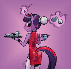 Size: 700x676 | Tagged: safe, artist:horlod, derpibooru import, twilight sparkle, anthro, alternate hairstyle, cheongsam, clothes, magic, odango, solo, telekinesis, waitress