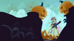 Size: 5700x3200 | Tagged: safe, artist:brainflowcrash, fluttershy, ghost, eyepatch, halloween, holiday, jack-o-lantern, knife, nightmare night, pumpkin, scared, self ponidox, skull, weapon