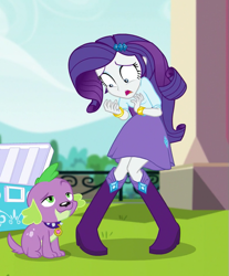 Size: 519x626 | Tagged: safe, screencap, rarity, spike, spike the regular dog, dog, dance magic, equestria girls, spoiler:eqg specials, boots, bracelet, clothes, cropped, cute, female, jewelry, male, paws, shocked, shocked expression, shoes, skirt