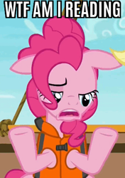 Size: 310x441 | Tagged: safe, edit, edited screencap, screencap, pinkie pie, earth pony, pony, ppov, caption, floppy ears, image macro, lifejacket, meme, reaction image, solo, text, what the fuck am i reading