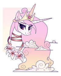 Size: 1024x1280 | Tagged: safe, artist:nazori, princess celestia, alicorn, pony, bust, cloud, crown, flower, jewelry, pink-mane celestia, portrait, regalia, solo