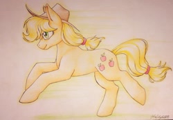 Size: 1024x714 | Tagged: safe, artist:tierfarbe, applejack, earth pony, pony, running, solo, traditional art