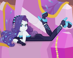 Size: 1024x819 | Tagged: safe, artist:yoshimarsart, rarity, better together, equestria girls, the other side, beautiful, clothes, deviantart watermark, eyeshadow, gloves, headphones, high heels, lidded eyes, makeup, obtrusive watermark, shoes, solo, unitard, watermark