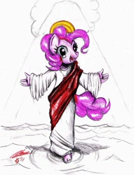Size: 820x1073 | Tagged: safe, artist:mrzash, pinkie pie, anthro, plantigrade anthro, christianity, context is for the weak, halo, jesus christ, looking at you, pinkie pie is god, pinkie pious, religious headcanon, sketch, solo, walking on water, what has science done