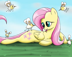 Size: 1000x786 | Tagged: safe, artist:wolftendragon, fluttershy, pegasus, pony, crossover, cute, cutiefly, pokémon, prone, shyabetes