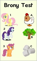 Size: 600x1000 | Tagged: safe, fluttershy, rarity, scootaloo, chicken, bronybait, fluttertree, food, marshmallow, meme, rarity is a marshmallow, scootachicken, test, tree