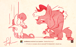 Size: 1280x801 | Tagged: safe, artist:fluttershythekind, applejack, fluttershy, hengstwolf, werewolf, species swap