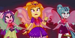 Size: 1840x952 | Tagged: safe, screencap, adagio dazzle, aria blaze, sonata dusk, equestria girls, rainbow rocks, bare shoulders, faic, fin wings, frown, oh crap, ponied up, sleeveless, the dazzlings