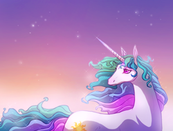 Size: 2100x1600 | Tagged: safe, artist:aira90, princess celestia, horse, pony, unicorn, crossover, female, glow, gradient background, looking back, looking up, mare, princess celestia is a horse, race swap, shiny, sky, solo, sparkles, stars, style emulation, the last unicorn, unicorn celestia