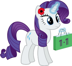 Size: 6978x6400 | Tagged: safe, artist:parclytaxel, rarity, pony, unicorn, .svg available, absurd resolution, coincidence, female, flower, flower in hair, levitation, looking down, magic, mare, poppy, pun, remembrance day, shopping bags, shopping time, simple background, singles' day, solo, telekinesis, transparent background, vector, visual pun