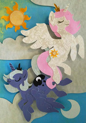 Size: 384x544 | Tagged: safe, artist:sparkynekomi, princess celestia, princess luna, alicorn, pony, card, cloud, craft, crescent moon, crown, cutie mark, duo, eyes closed, female, flying, horn, irl, jewelry, mare, moon, papercraft, photo, pink-mane celestia, regalia, royal sisters, s1 luna, shadowbox, sky, smiling, spread wings, sun, transparent moon, wings, younger