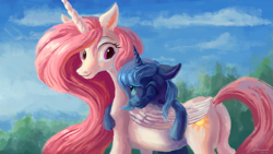 Size: 1440x810 | Tagged: safe, artist:plainoasis, princess celestia, princess luna, alicorn, pony, duo, female, folded wings, hug, looking at each other, mare, one eye closed, pink-mane celestia, ponified animal photo, royal sisters, s1 luna, smiling, wink, younger