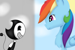 Size: 1500x1000 | Tagged: safe, artist:rainbow dash is best pony, derpibooru import, rainbow dash, pegasus, pony, autistic, bendy, bendy and the ink machine, chest fluff, cloud, grayscale, happy, monochrome, smiling, split screen, sun