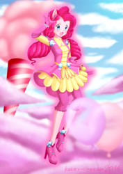 Size: 3508x4961 | Tagged: safe, artist:kateychazuu, pinkie pie, human, equestria girls, legend of everfree, absurd resolution, anime, clothes, cloud, cotton candy, crystal guardian, cute, dessert, devil horn (gesture), dress, eared humanization, female, geode of sugar bombs, high heels, humanized, magical geodes, magical girl, open mouth, pony ears, rock on, sky, solo