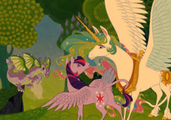 Size: 1360x957 | Tagged: safe, artist:thiscrispykat, princess celestia, spike, twilight sparkle, twilight sparkle (alicorn), alicorn, dragon, pony, cloven hooves, cutie mark, grass, horn, sparkles, spread wings, style emulation, tail feathers, the last unicorn, tree, winged spike, wings, yoke