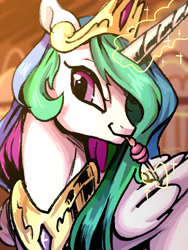 Size: 2448x3264 | Tagged: safe, artist:rocy canvas, princess celestia, alicorn, pony, bust, candy, female, food, glowing horn, levitation, licking, lollipop, looking at you, magic, magic aura, mare, pixiv, portrait, solo, telekinesis, tongue out