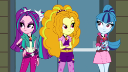 Size: 1366x768 | Tagged: safe, screencap, adagio dazzle, aria blaze, sonata dusk, equestria girls, rainbow rocks, crossed arms, door, doors, frown, looking away, looking up, smiling, the dazzlings