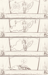 Size: 1200x1855 | Tagged: artist needed, safe, princess celestia, alicorn, pony, crowd, defeated, dialogue, drawthread, female, literal metaphor, mare, monochrome, paper bag, public speaking, simple background, solo, speech, speech bubble, spread wings, stage, uselesstia, wet paper bag, wings, yellow background