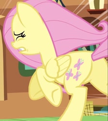 Size: 554x618 | Tagged: safe, screencap, fluttershy, pegasus, pony, dragon quest, cropped, eyes closed, female, mare, plot, raised hoof, solo