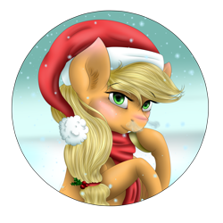 Size: 1024x1024 | Tagged: safe, artist:crazyaniknowit, applejack, earth pony, pony, blushing, breath, clothes, holly, scarf, snow, snowfall, solo