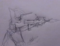 Size: 1922x1484 | Tagged: safe, artist:drawingwithapitoffriendship, princess celestia, anthro, assault rifle, ghost in the shell, gun, rifle, traditional art, weapon