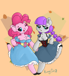 Size: 500x552 | Tagged: safe, artist:bunnycat, maud pie, pinkie pie, anthro, 30 minute art challenge, bar maid, braid, bubble braids, clothes, dirndl, dress, oktoberfest, sisters, smiling