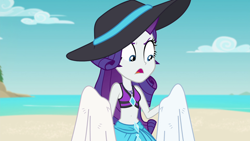 Size: 1920x1080 | Tagged: safe, screencap, rarity, better together, equestria girls, forgotten friendship, belly button, bikini, bikini top, clothes, geode of shielding, hat, magical geodes, midriff, misleading thumbnail, sarong, solo, sun hat, swimsuit, towel