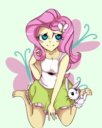 Size: 700x878 | Tagged: safe, artist:setoya, angel bunny, fluttershy, butterfly, equestria girls, barefoot, blushing, breasts, cleavage, clothes, cute, feet, female, looking at you, missing shoes, sitting, skirt, skirt pull, smiling, smug, solo, tanktop