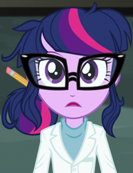 Size: 799x1037 | Tagged: safe, derpibooru import, screencap, sci-twi, twilight sparkle, equestria girls, rainbow rocks, glasses, human counterpart, looking at you, outfit catalog, pencil, solo