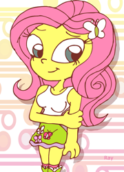 Size: 1683x2338 | Tagged: safe, artist:rray-xd, fluttershy, equestria girls, boots, clothes, cute, skirt, socks, solo, tanktop