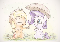 Size: 1440x1018 | Tagged: safe, artist:assasinmonkey, part of a set, applejack, rarity, earth pony, pony, unicorn, apples & gems calendar, female, lesbian, rain, rarijack, shipping, umbrella