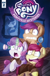 Size: 1054x1600 | Tagged: safe, artist:abbystarling, idw, apple bloom, princess celestia, scootaloo, sweetie belle, alicorn, earth pony, pegasus, pony, unicorn, spoiler:comic, spoiler:comicponyvillemysteries2, bust, cover, cutie mark crusaders, detective, faic, female, filly, flashlight (object), magnifying glass, portrait, scared, shrunken pupils