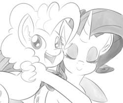 Size: 1000x838 | Tagged: dead source, safe, artist:reiduran, pinkie pie, rarity, earth pony, pony, unicorn, duo, eyes closed, monochrome, open mouth, sketch, smiling