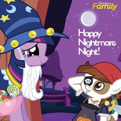 Size: 550x550 | Tagged: safe, derpibooru import, edit, edited screencap, screencap, pipsqueak, twilight sparkle, unicorn twilight, earth pony, pony, unicorn, luna eclipsed, candy, clothes, colt, costume, cropped, discovery family, discovery family logo, female, male, mare, moon, night, nightmare night, nightmare night costume, official, pirate costume, salute, star swirl the bearded costume, text
