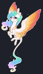 Size: 1174x2000 | Tagged: safe, artist:australian-senior, princess celestia, alicorn, pony, alternate design, alternate universe, black background, colored hooves, colored wings, ethereal mane, feathered fetlocks, female, leonine tail, mare, simple background, solo, swirly markings