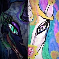 Size: 1024x1024 | Tagged: safe, artist:hezakota, nightmare moon, princess celestia, alicorn, pony, duality, split screen