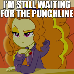 Size: 650x650 | Tagged: safe, screencap, adagio dazzle, equestria girls, rainbow rocks, caption, clothes, hoodie, image macro, raised eyebrow, reaction image, solo, unamused