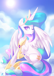 Size: 1000x1400 | Tagged: safe, artist:drawntildawn, princess celestia, alicorn, pony, cloud, cute, cutelestia, cutie mark, female, hooves, horn, jewelry, mare, on a cloud, one eye closed, raised hoof, regalia, sitting, sitting on cloud, sky, smiling, solo, spread wings, sun, tiara, wings, wink