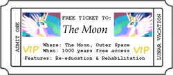 Size: 783x341 | Tagged: safe, princess celestia, alicorn, pony, female, meme, ponified, smiling, solo, ticket, to the moon