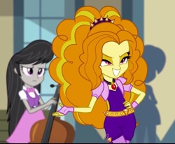 Size: 756x622 | Tagged: safe, screencap, adagio dazzle, octavia melody, tennis match, equestria girls, rainbow rocks, background human, faic, funny face, smiling