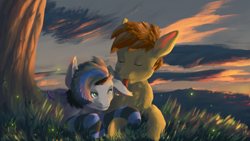 Size: 1920x1080 | Tagged: safe, artist:eqlipse, derpibooru import, oc, oc:nightglider, oc:vicious loop, commission, cuddling, cute, ear piercing, earring, jewelry, krita, nightloop, painting, piercing, romantic, sunset, wallpaper