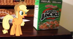 Size: 1024x559 | Tagged: safe, artist:bobthelurker, artist:boltblazer, applejack, apple jacks, cereal, desk, food, gasp, irl, kellogg's, photo, ponies in real life, solo, vector