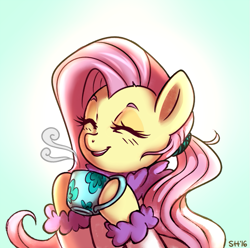 Size: 737x731 | Tagged: safe, artist:sorcerushorserus, fluttershy, pegasus, pony, alternate hairstyle, bathrobe, clothes, cup, cute, eyes closed, female, food, hoof hold, mare, open mouth, open smile, ponytail, robe, shyabetes, simple background, smiling, solo, steam, tea, teacup, white background