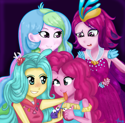 Size: 1936x1908 | Tagged: safe, artist:lovelygirlmusicer, pinkie pie, princess celestia, princess skystar, principal celestia, queen novo, equestria girls, my little pony: the movie, blushing, clothes, dress, equestria girls-ified, female, freckles, mother and child, mother and daughter, parent and child, shelldon, shelly, silly face, smiling, tongue out